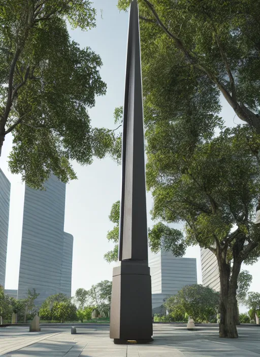 Image similar to highly detailed realistic architecture 3 d render of a futuristic stele monument in ieoh meng pei style standing in city park, archdaily, made in unreal engine 4 octane render