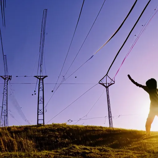 Prompt: a person on a hill flying a kite, next to a high-voltage transmission lines, in the style of filmmaker Shunji Iwai, vibrant colors, lens flare