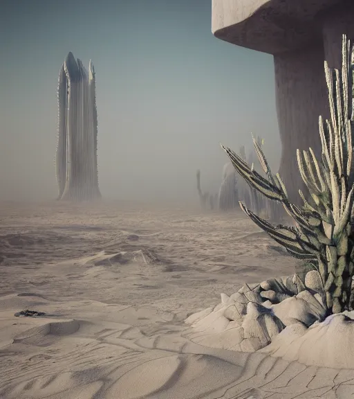 Prompt: surreal theory of the massive inverted roots, unfinished outdated vertical veins of white sand, futuristic tower, futuritic architecture, ancient epic tower in the desert, foggy sky, dark night, a little bit of patchy cactus, octane render, unreal engine, pale colors, high detail, 8 k, wide angle, trending on artstation, behance