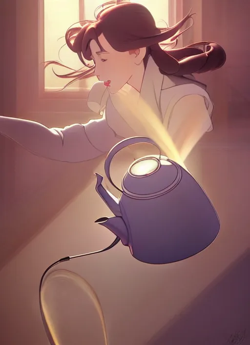 Image similar to stylish modern kettle boiling water, steam coming from spout, natural lighting, path traced, highly detailed, high quality, digital painting, by don bluth and ross tran and studio ghibli and alphonse mucha, artgerm