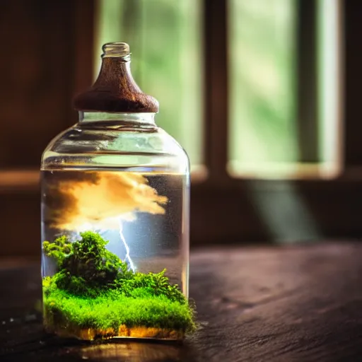 Image similar to a thunderstorm over a wooden cottage inside a terrarium bottle.