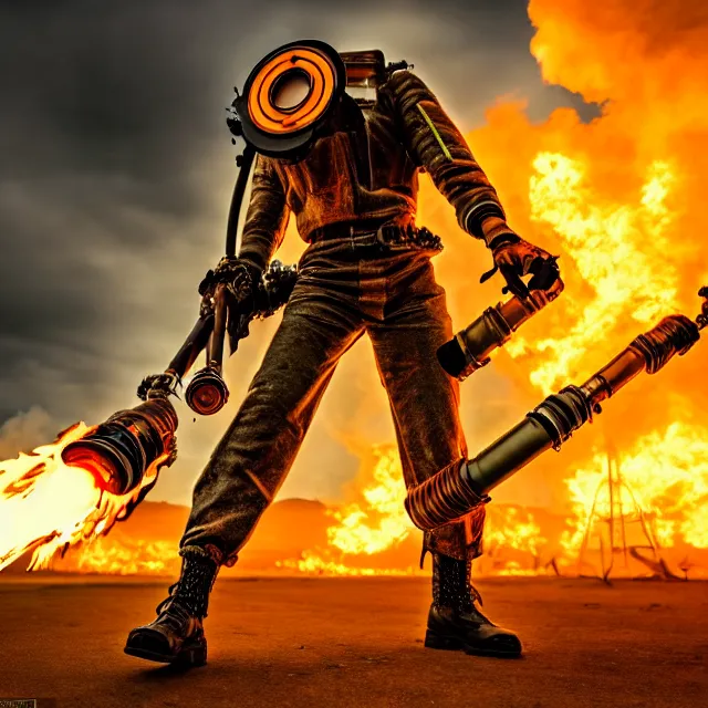 Image similar to full length photo of a beautiful atompunk warrior with a flamethrower, 8 k, hdr, smooth, sharp focus, high resolution, award - winning photo