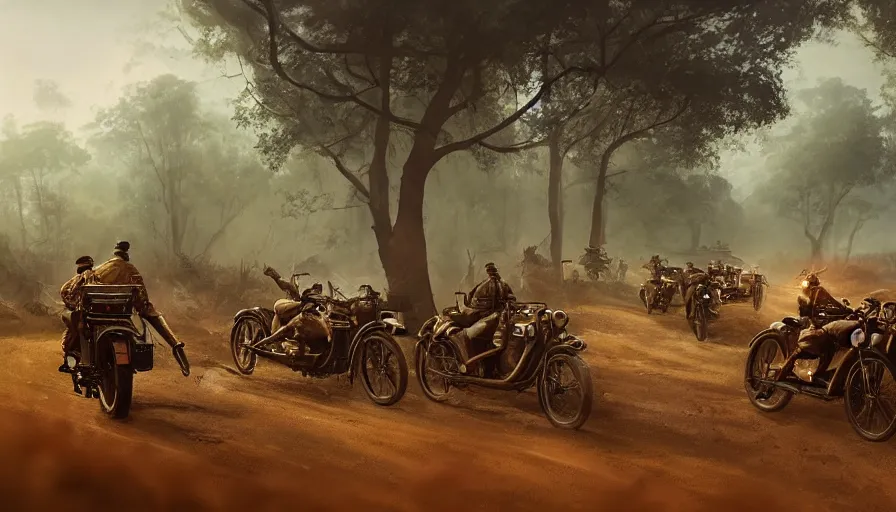 Image similar to a british officer driving a motorcycle at high speed in 1921 in kerala forest road, local people chasing to attack, furious action scene, chase, an epic fantasy, dramatic lighting, cinematic, establishing shot, extremely high detail, photorealistic, cinematic lighting, artstation, by simon stalenhag, horizon forbidden west