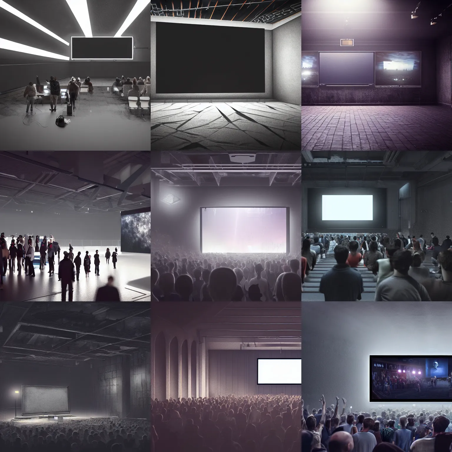 Prompt: digital concept art of a very small!!! dark show venue with a large bright screen in front of twenty people, grey, realistic, octane render, high detail, environment, sharp focus, artstation