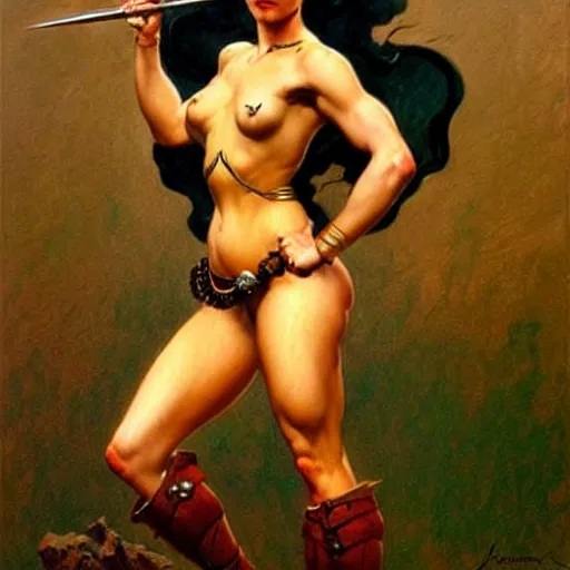 Image similar to warrior, beautiful female, character design, painting by j. c. leyendecker, gaston bussiere, frank frazetta, tom of finland, trending on artstation