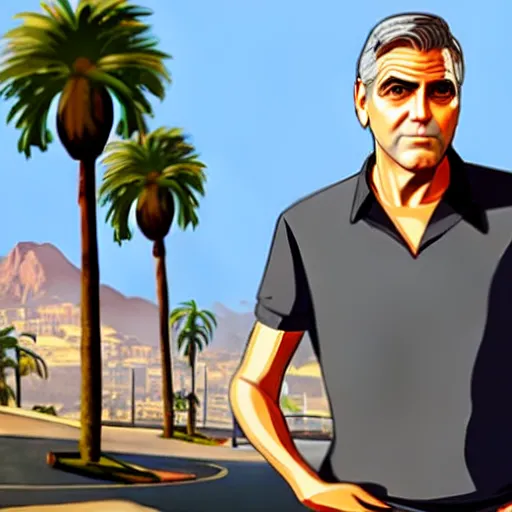 Image similar to george clooney in gta v. los santos in background, palm trees in the art style of stephen bliss