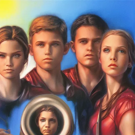 Prompt: 4 siblings standing together, 3 male 1 female, airbrush art, drew struzan illustration art, key art, portrait