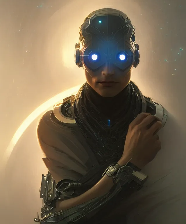 Image similar to futuristic hacker man portrait, sci-fi face, fantasy, intricate, elegant, highly detailed, digital painting, artstation, concept art, smooth, sharp focus, illustration, art by artgerm and greg rutkowski and alphonse mucha