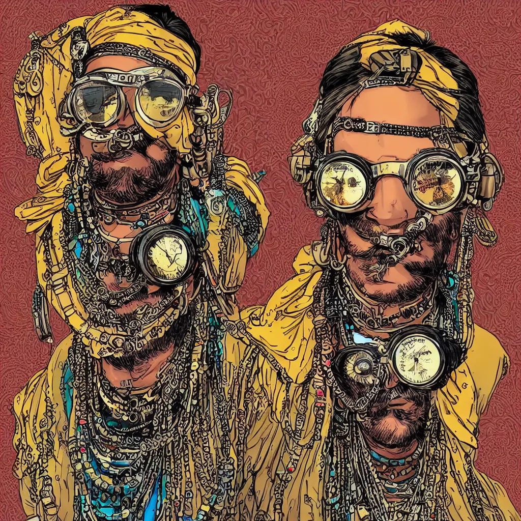 Image similar to face portrait of an indian man with long neon moustache rajasthani pagdi wearing madmax style steampunk goggles and steampunk jewelry, art by butcher billy, sticker, colorful, illustration, highly detailed, simple, smooth and clean vector curves, no jagged lines, vector art, smooth