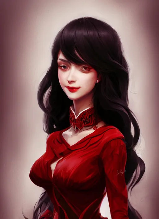 Image similar to a highly detailed illustration of hime cut black long haired woman wearing red dress, elegant smiling pose, perfect face, perfect body, intricate, elegant, highly detailed, centered, digital painting, artstation, concept art, smooth, sharp focus, league of legends concept art, wlop