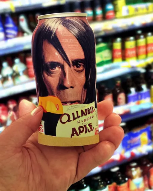Image similar to a hand holding a bottle of cola with iggy pop's face on the label, inside a supermarket