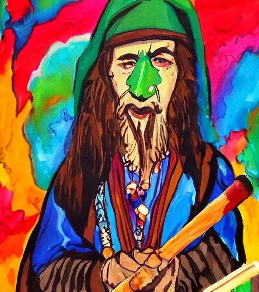 Image similar to Painting in a style of Lord of the rings of a shaman dressed in a colorful traditional clothes. He is smoking a pipe