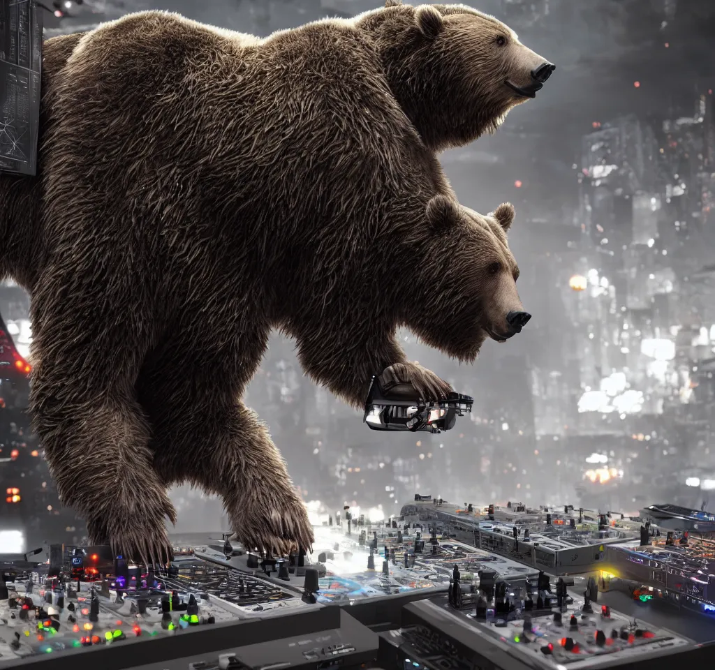 Image similar to a cyborg grizzly bear dj mixing records on stage, photorealistic, highly detailed, illustration, lifelike, highly detailed, intricate, octane render, sharp focus, cyberpunk,