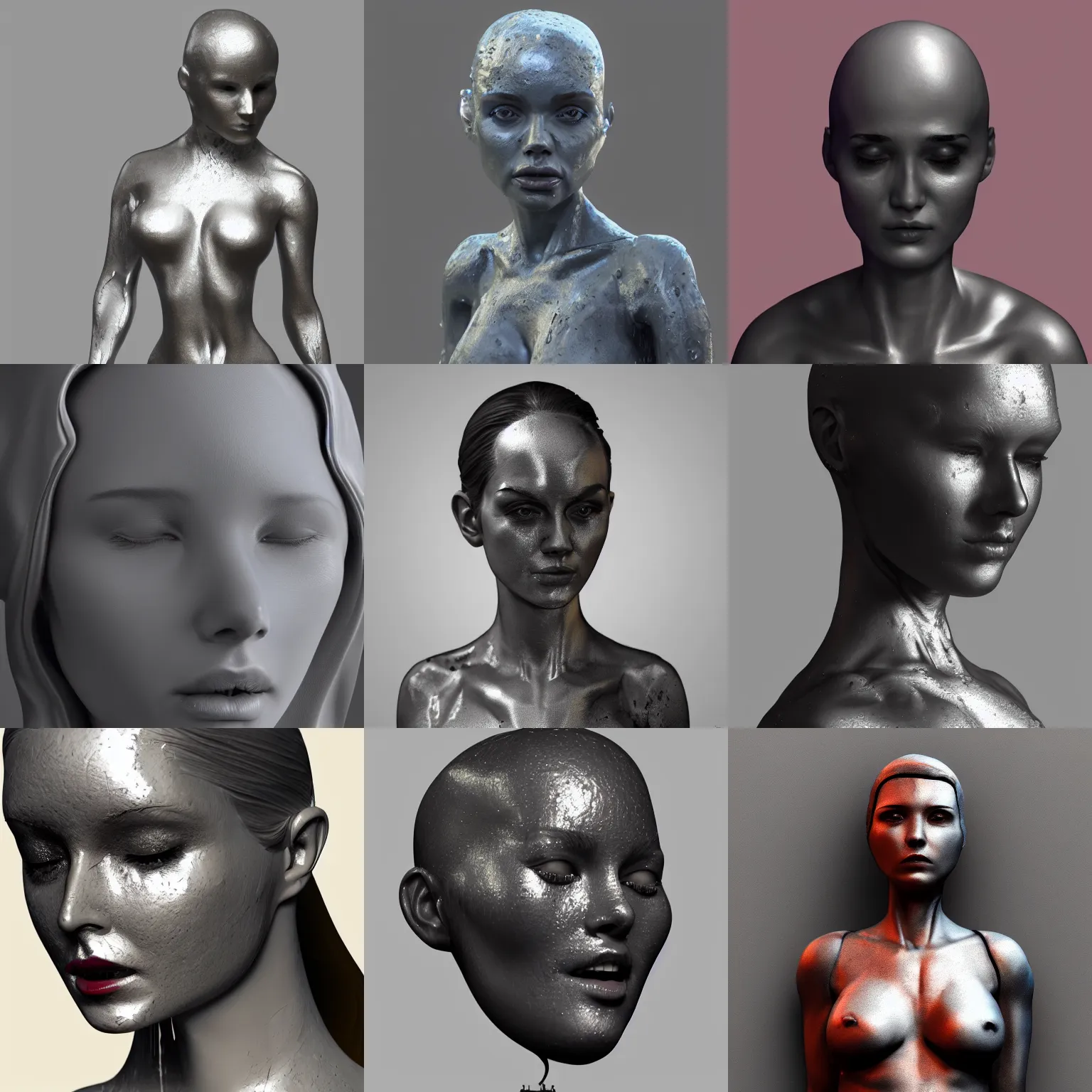Prompt: a female figure made of melting steel, hyperrealistic, 8 k, blender, artstation