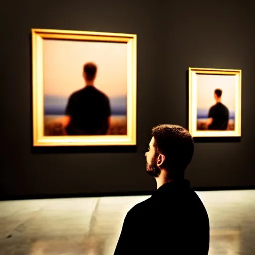 Prompt: A man staring at a painting of himself staring back. Modern art gallery. Wide angle. Photorealistic. Dramatic lighting. Award winning photography. 35mm photograph.