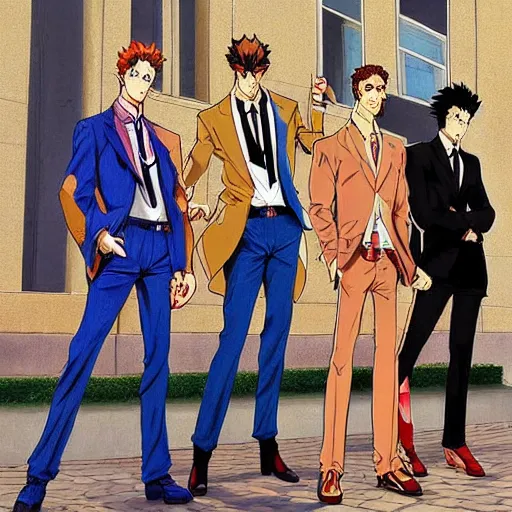 Prompt: a beautiful painting of four well dressed men with perfect anime faces posing for a picture on a city street by hirohiko araki, detailed line art, jojos bizarre adventure