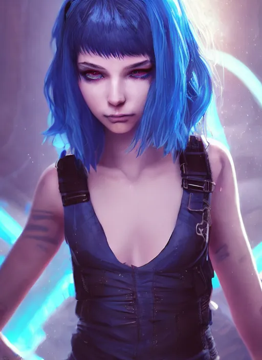 Prompt: beautiful young cyberpunk girl with blue hair, blue eyes, au naturel, hyper detailed, digital art, trending in artstation, cinematic lighting, studio quality, smooth render, fluorescent skin, unreal engine 5 rendered, octane rendered, art style by klimt and nixeu and ian sprigger and wlop and krenz cushart