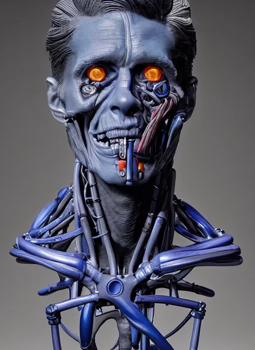 Image similar to a bust sculpture of anatomical detailed cyborg, willem dafoe, blue blood, become human, ceramic base, orthographic, studio lighting