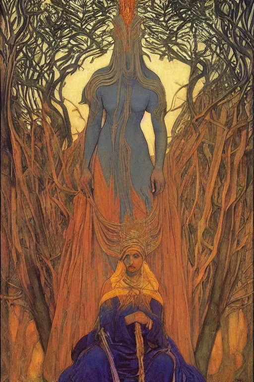 Prompt: queen of the last forest, by Annie Swynnerton and Nicholas Roerich and jean delville, strong dramatic cinematic lighting , ornate headdress , flowing robes, lost civilizations, smooth, sharp focus, extremely detailed