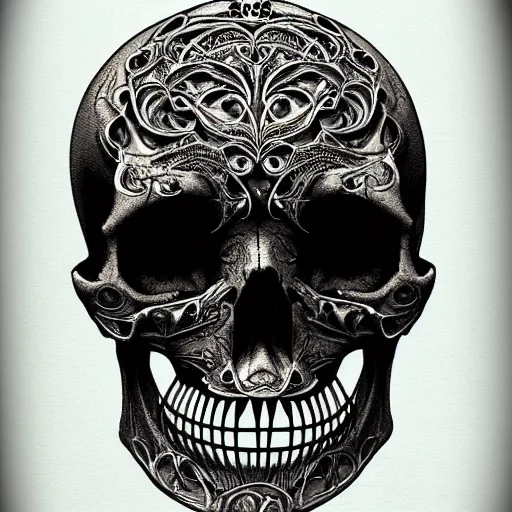 Image similar to human skull ornated, filigree, ornaments, 3 d design for tattoo, hypermaximalist, elegant, ornate, luxury, elite, symmetrical