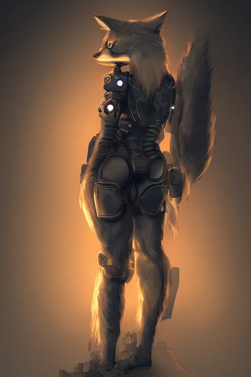 Image similar to an anthropomorphic cyberpunk fox, backlighting, trending on artstation, digital art, furry art, trending on furaffinity, fantasy art, by kawacy, view from behind