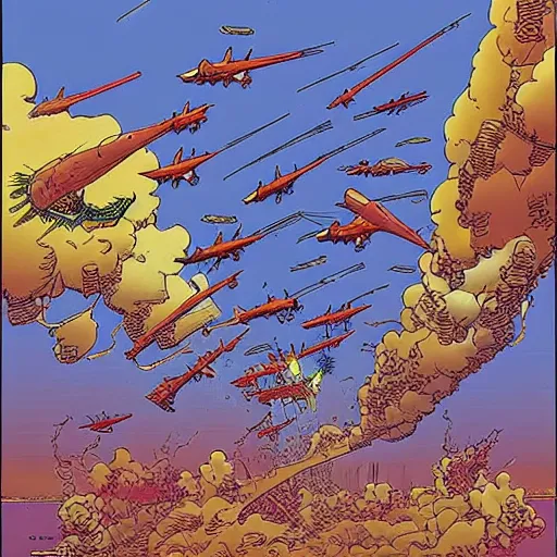 Image similar to singapore under attack, by moebius