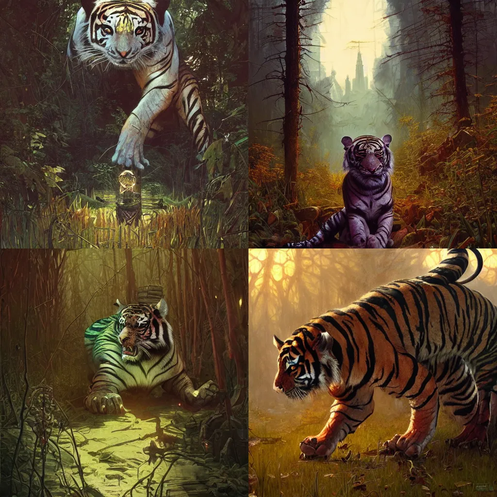 Prompt: gothic tiger by Simon Stålenhag, by Stanley Artgerm Lau, Greg Rutkowski,Thomas Kindkade, Alphonse Mucha, Loish, Norman Rockwell,trending on artstation , rule of thirds, Highly detailed, anatomically correct, dramatic lighting, oil on canvas.