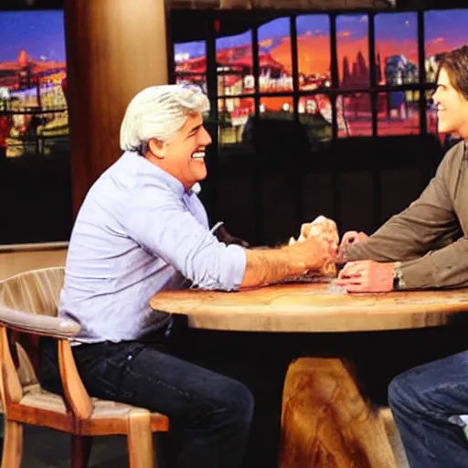 Image similar to jay leno arm wrestling tom cruise on a table, sitting across from each other