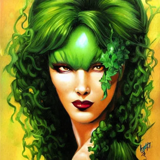 Image similar to poison ivy from batman, painting by Julie Bell