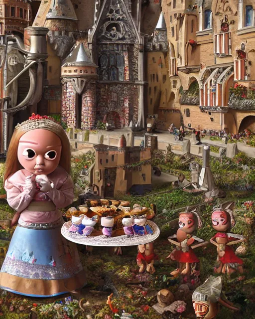 Image similar to highly detailed closeup, face profile portrait of a tin toy greta thunberg as a medieval goblin eating cakes in a castle, bikini, depth of field, nicoletta ceccoli, mark ryden, lostfish, dan decarlo, bob clampett, max fleischer, detailed and intricate environment, 8 k resolution, hyperrealistic, octane render