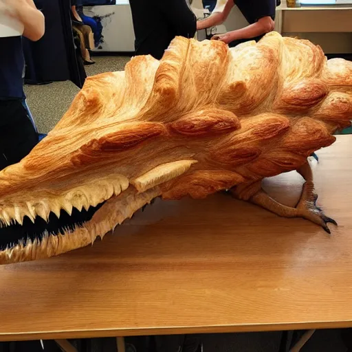 Prompt: a spinosaurus made of croissant