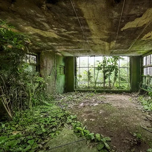 Image similar to abandoned, overgrown, underground bunker. jungle room.