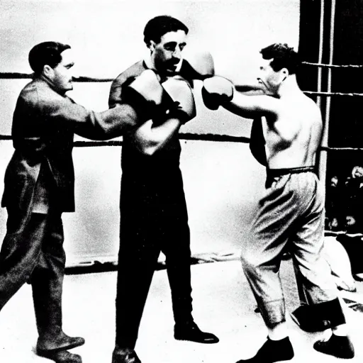 Image similar to Karl Marx boxing Ayn Rand, photo, 1920,