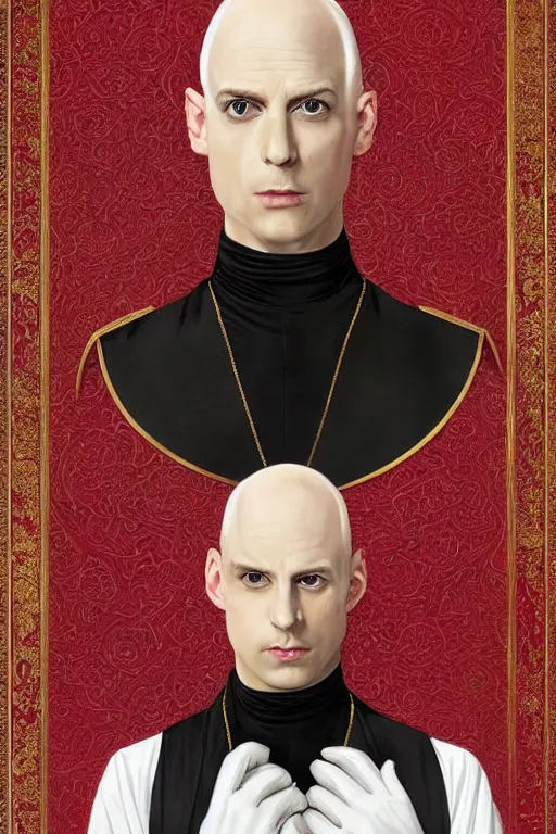Prompt: a bald pale white man in his late ninetees. stately and dour in his expression. eyeliner accentuates his sunken eyes. a high black turtle - neck cover, thin neck. opulent white golden red robe. white leather gloves with gold decoration, sharp focus, illustration, digital painting, art by magali villeneuve