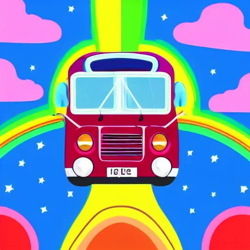 Image similar to a bus riding a rainbow in space, cartoon art, colorful