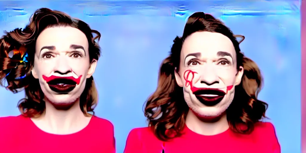 Image similar to old distorted camcorder video of miranda sings as president of the untied states, multiple poses, video still from miranda sings youtube videos