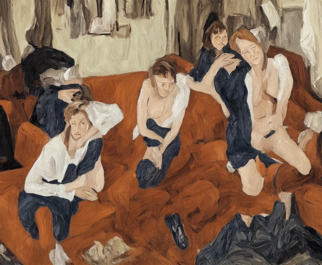 Image similar to two women, in an old english apartment on a brown leather sofa. one is wearing a dark blue sweather, the other a white shirt. brown hair, they are looking into the camera. wide shot. in the style of lucien freud. oil painting.