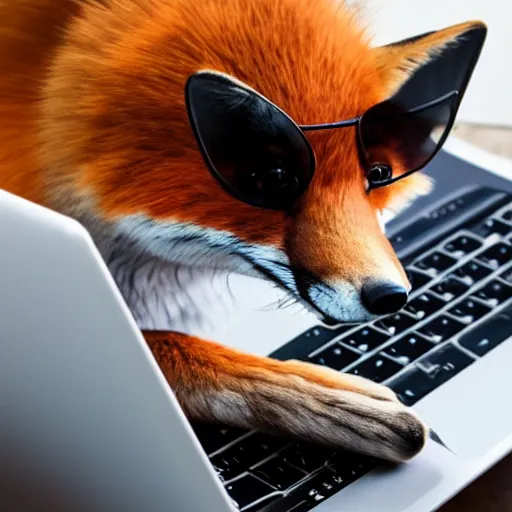 Image similar to photograph of a fox with cool shades using a laptop to debug code