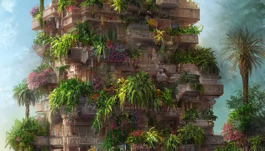 Image similar to hanging gardens of babylon, flowers, palms, arabic city, artstation