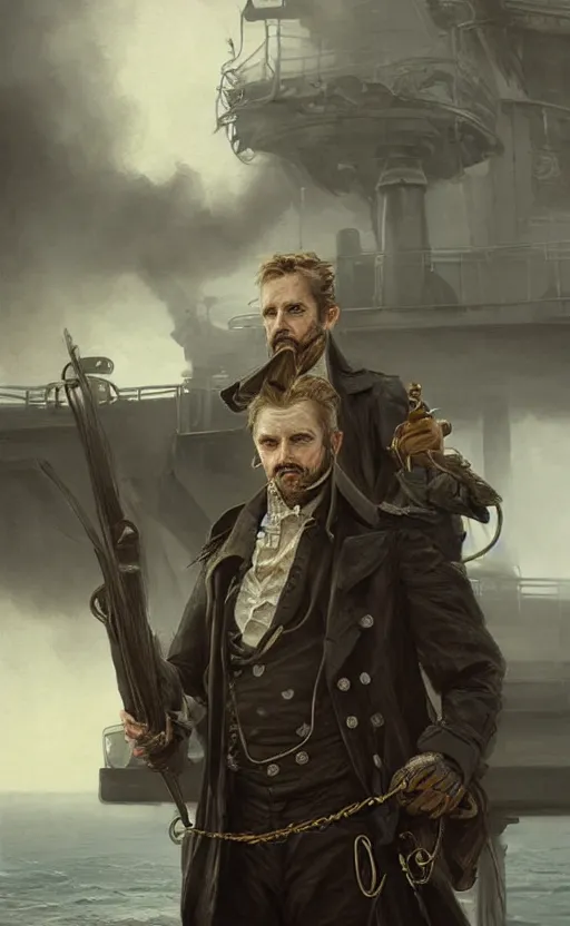 Image similar to portrait of a 1 9 th century pirate in a trenchcoat standing on the deck of a ship, victorian, concept art, detailed face, fantasy, highly detailed, cinematic lighting, digital art painting by greg rutkowski