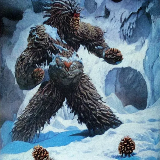 Image similar to yetis hurling flaming pinecones on an underground glacier, dark, blue ice, snow, frank frazetta