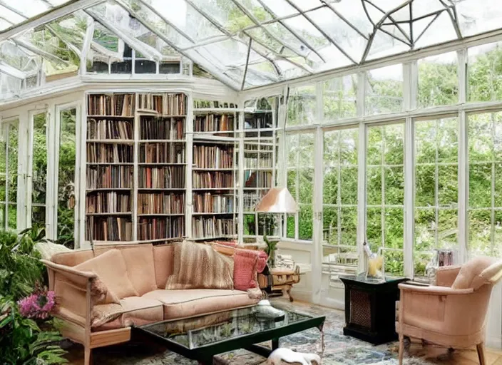 Prompt: beautiful home library in a glass conservatory, elegant, plants, interior design