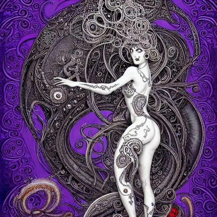 Image similar to depicting a highly detailed beautiful lovecraftian female priestess, in the style of joe fenton, dynamic energetic pose, exuberant organic elegant forms, perfect face, pale skin, by dan hillier : : 1. 4 purple, red, blue, green, black intricate mandala explosions : : intuit art : : turbulent water backdrop : : damask wallpaper : : atmospheric