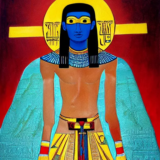 Image similar to An epic fantastic realism comic book style painting of the most beautiful portrayal of a 20-year-old, young, gorgeous, pale, Goth, friendly, amicable, casual, wears the ankh symbol, the key of life, the key of the Nile, is representative of eternal life in Ancient Egypt, Low angle, from below, worms-eye-view, 3-point perspective, unreal engine 5, DAZ, hyperrealistic, intricate, symmetrical, accurate, octane render, Arnold render, IMAX quality, cinematic, theatrical, dramatic, warm lighting, by Lee Jeffries, award-winning, awe-inspiring, ground-breaking, masterpiece , artgem, Dark Fantasy