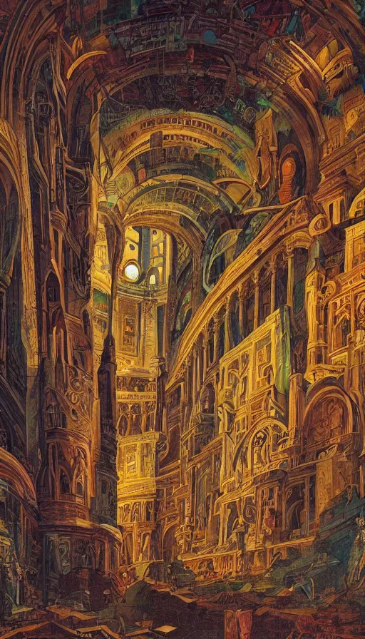 Image similar to The cathedral of ancient prophecies and wisdom, italian futurism, Dan Mumford, da vinci