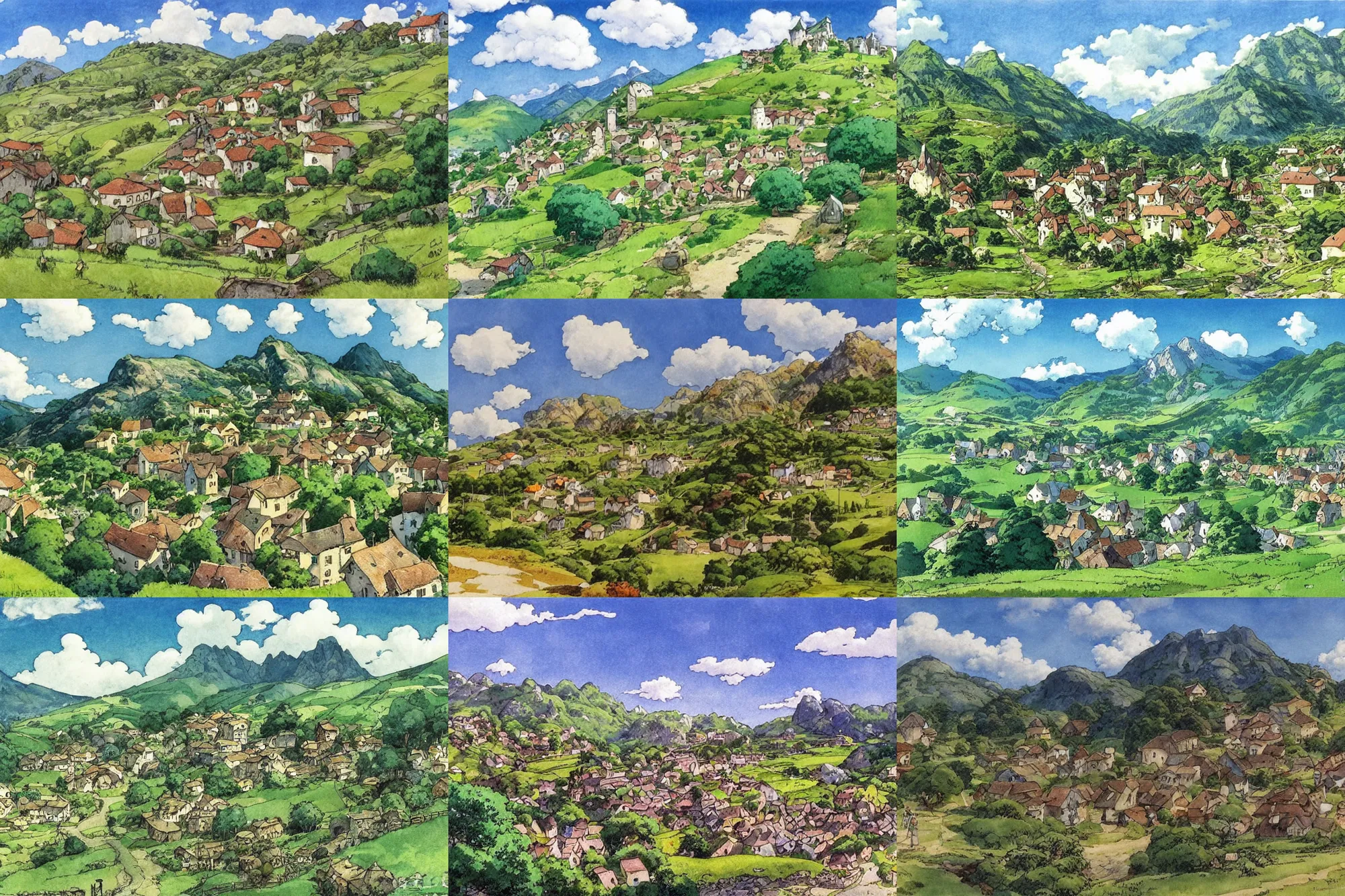 Prompt: anime! small town in mountain landscape, lush green, blue sky, warm summer day, anton pieck