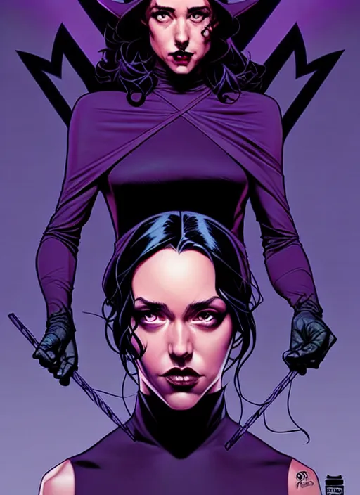 Image similar to Rafael Albuquerque comic cover art, artgerm, Joshua Middleton, pretty Stella Maeve witch doing black magic, serious look, purple dress, symmetrical eyes, symmetrical face, long black hair, full body, dark forest, cool colors