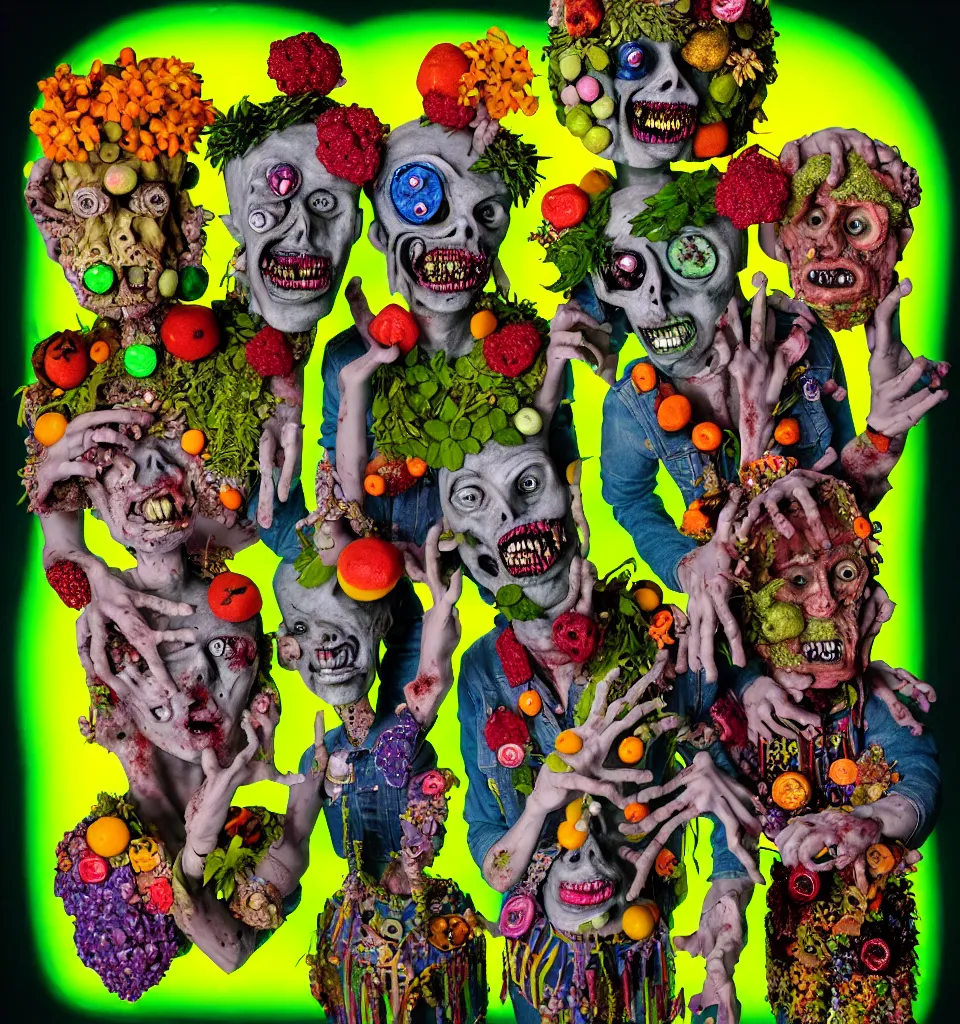 Prompt: portrait of a zombie punks as the three fates, jeans jackets, head made of fruit gems and flowers in the style of arcimboldo, basil wolverton, kenny scharf, action figure, clay sculpture, claymation, green and neon lighting, rainbow stripe background