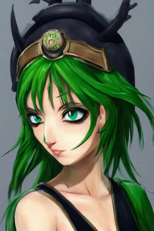 Image similar to cenimatic portrait, head and torso only, palutena, black dress, green hair, trending on artstation, concept art, fine detail, sharp detail, masterpiece, 4 k, hd