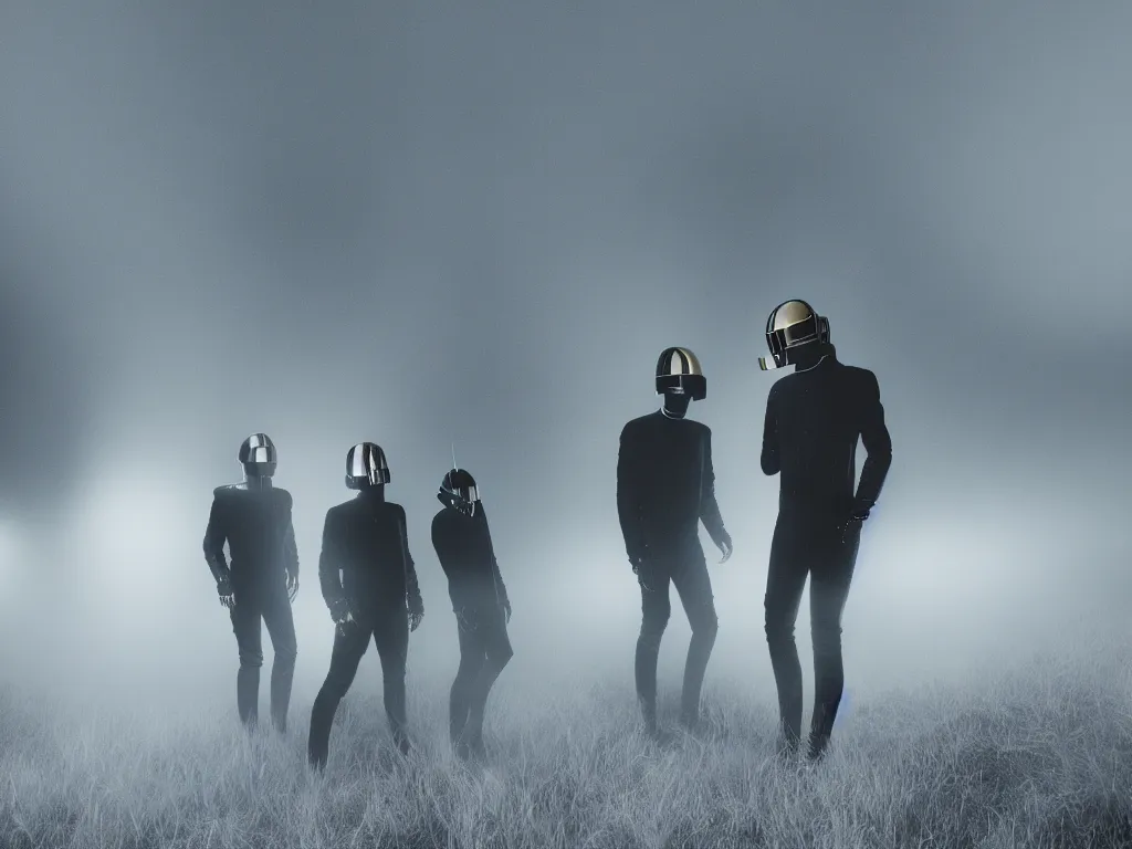 Image similar to daft punk as a norwegian black metal band, atmospheric fog, octane render, cinematic